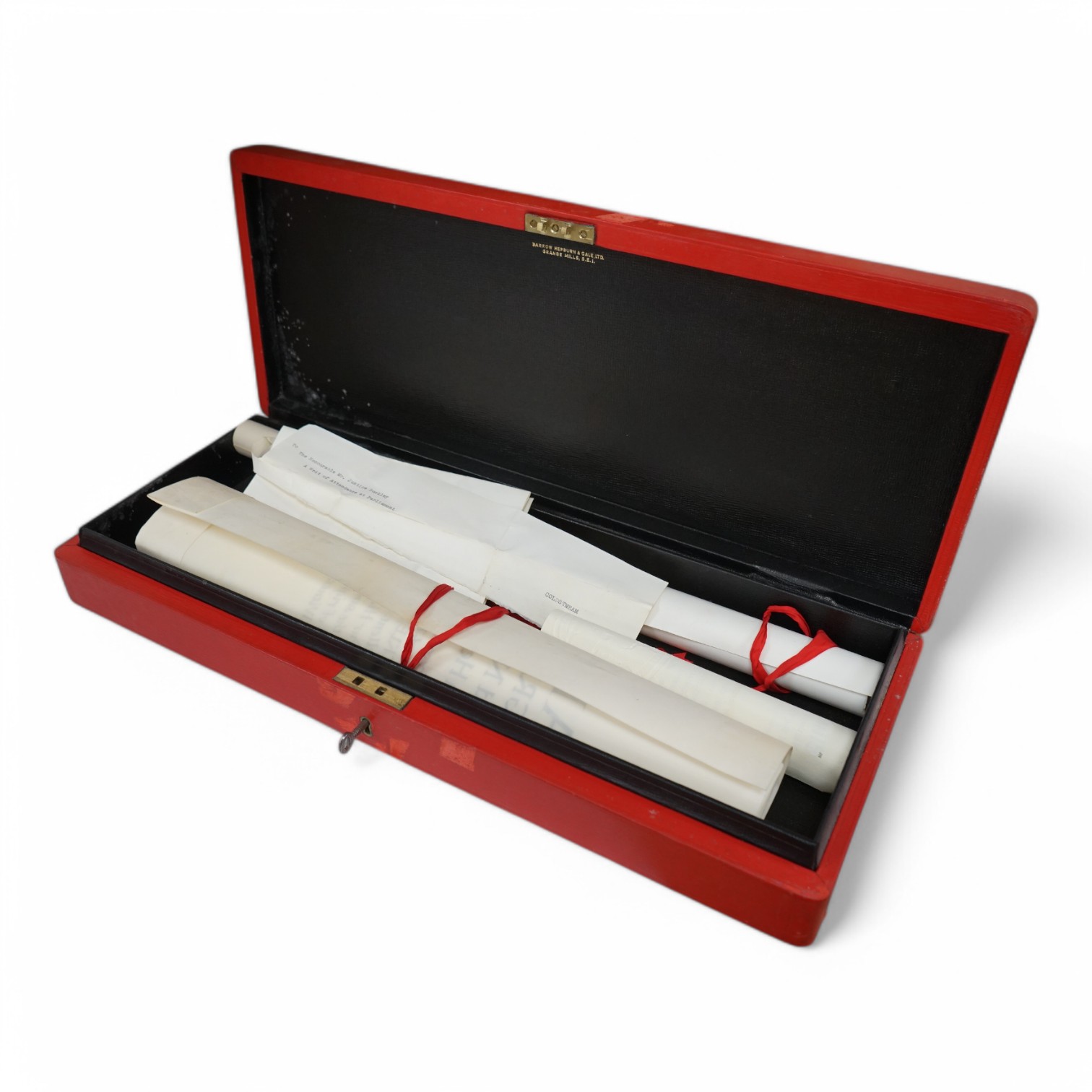 An ERII parchment and large seal in Barrow Hepburn & Gale Ltd. red leather case, 56cm. Condition - fair